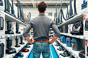 Personne devant un rayon avec des aspirateurs à vendre
