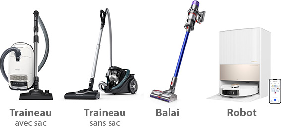 Exemples d'aspirateurs traineau, balai et robot