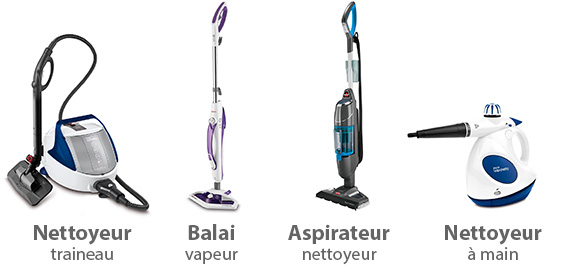 Exemples de nettoyeurs vapeurs, traineau, balai, aspirateur et main